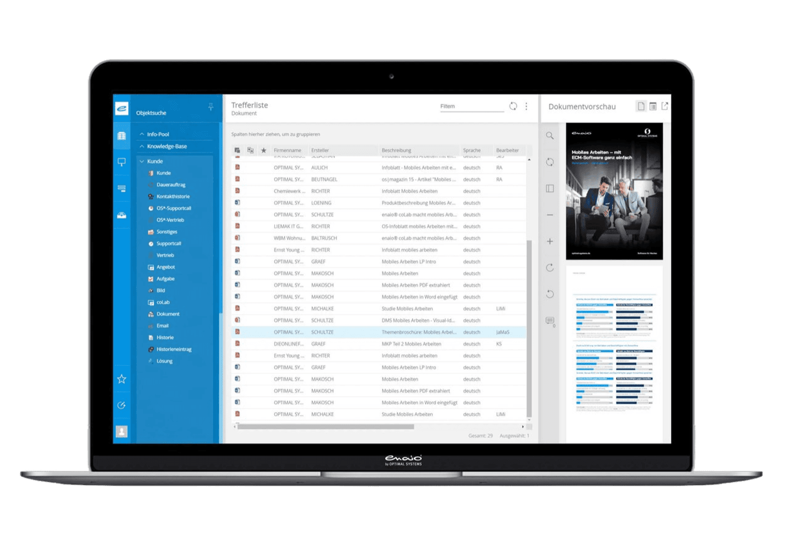 The enaio® interface with a digital file and search results