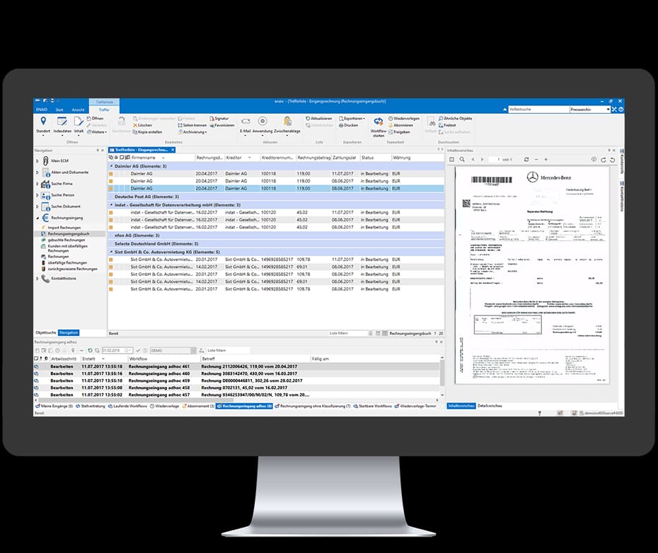 Incoming invoice register in enaio® with workflow list and invoice preview